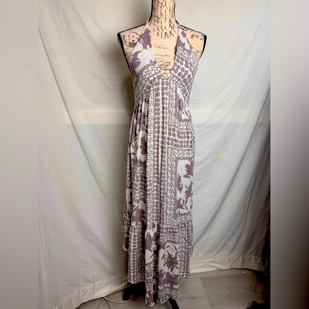 Olivaceous Halter Tie High Low Asymmetrical Maxi Dress. Size M